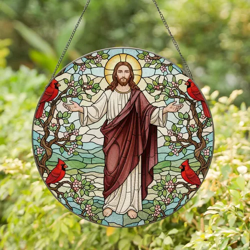 Jesus Christ Cardinals Stained Glass Mosaic - Christian Faith Spiritual Home Decor Gift Stained Glass Suncatcher