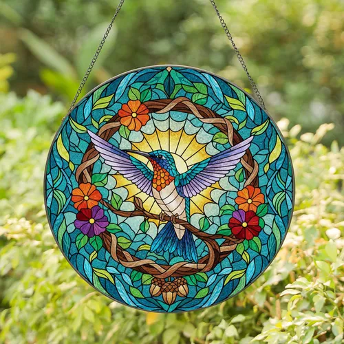 Iridescent Hummingbird Stained Glass Tiffany Mosaic Flowers Leaves Acorns Home Decor Stained Glass Suncatcher