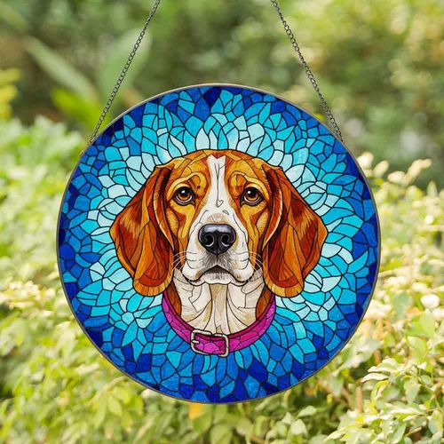 Beagle Dog Stained Glass Tiffany Style Mosaic Art - Jewel Tone Blue Teal Background Stained Glass Suncatcher