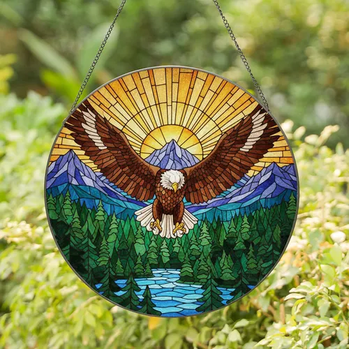 Bald Eagle Flight Mountain Landscape Tiffany Glass Sunburst Jewel Tone Wildlife Stained Glass Suncatcher