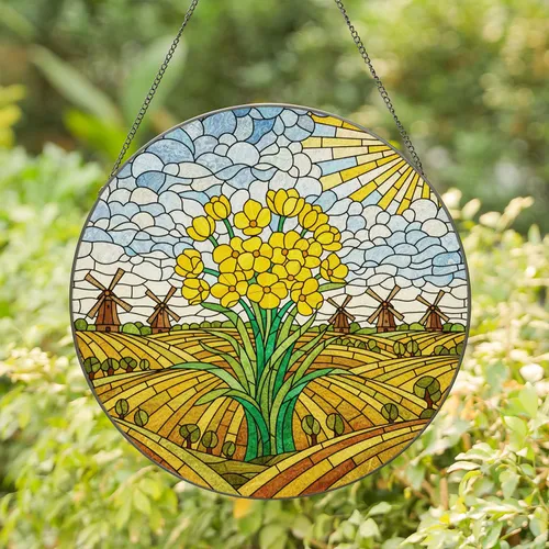 Stained Glass Yellow Flowers Dutch Windmills Farmland - Glowing Tiffany Jewel Tones Art Stained Glass Suncatcher