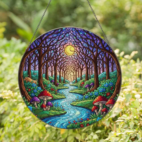 Tiffany Stained Glass River Forest & Fairy Mushrooms – Enchanted Jewel Tone Sun Art Stained Glass Suncatcher