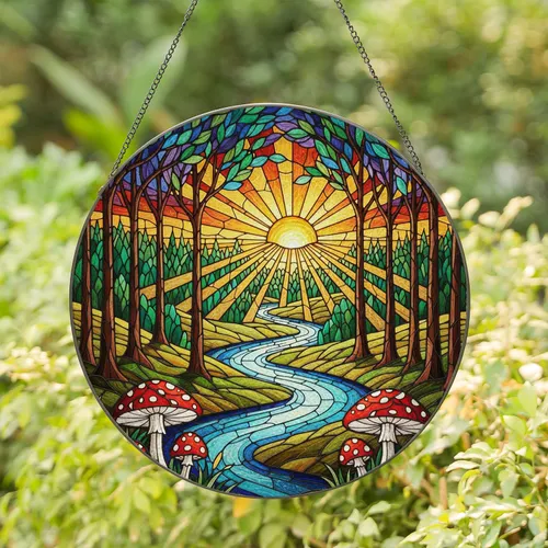 Stained Glass Forest River Golden Sun Toadstool - Tiffany Style Woodland Art Gift Stained Glass Suncatcher