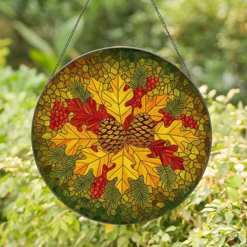 Dense Pinecone Autumn Leaves Ruby Berries Evergreen Tiffany Style Forest Floor Window Decor Stained Glass Suncatcher