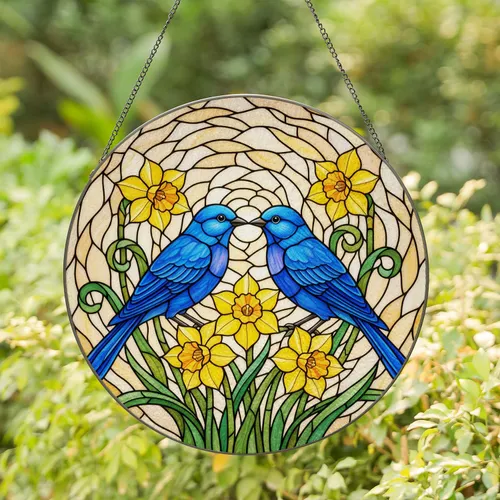 Bluebirds Daffodils Tiffany Style Stained Glass Love Art - Jewel Tone Home Decor Gift Stained Glass Suncatcher