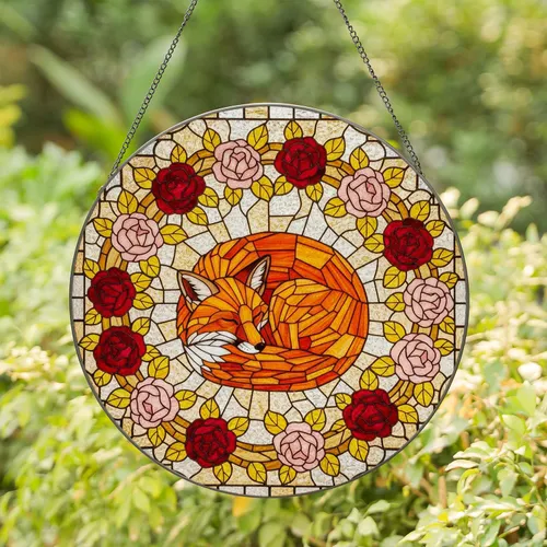 Sleeping Fox Curled Stained Glass Roses Golden Leaves Iridescent Mosaic Tiffany Style Gift Stained Glass Suncatcher