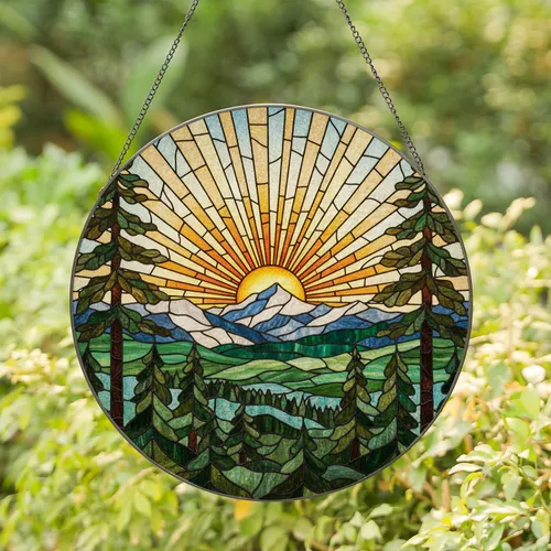 Radiant Sun Mountains Evergreen Pine Trees Stained Glass Tiffany Style Landscape Art Stained Glass Suncatcher
