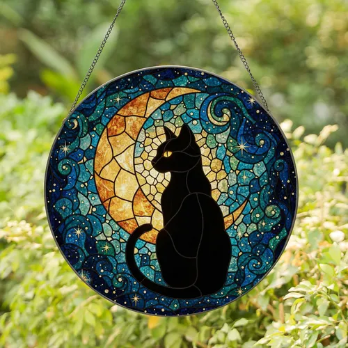Black Cat Glowing Amber Eyes Crescent Moon Cosmic Night Sky Stained Glass Art Stained Glass Suncatcher