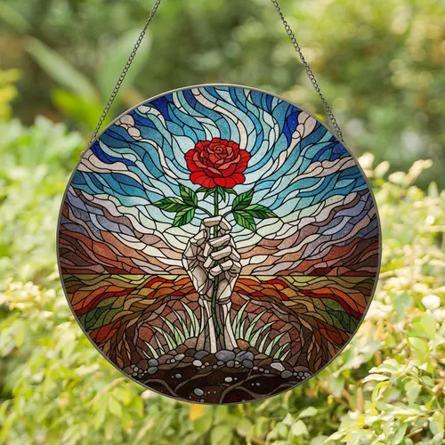 Decomposing Hand Red Rose - Stained Glass Tiffany Style Soil Grass Ground Artwork Stained Glass Suncatcher