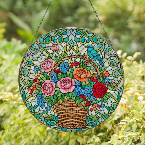 Stained Glass Flower Basket Bird Garden Mosaic - Lush Floral Blossom Tiffany Style Art Stained Glass Suncatcher