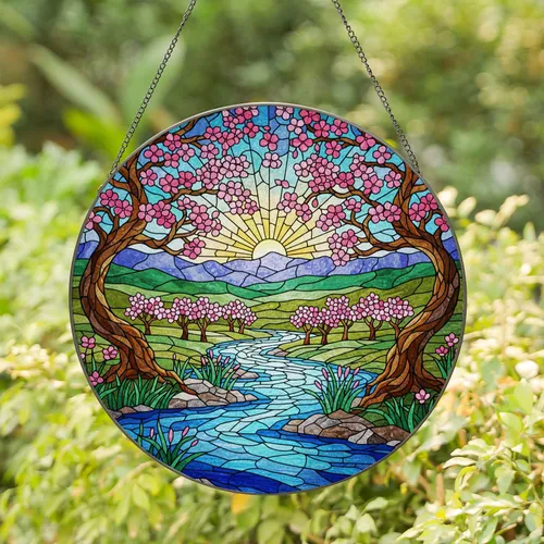 Tiffany Stained Glass River Landscape, Gnarled Cherry Blossom Branches & Sun Stained Glass Suncatcher