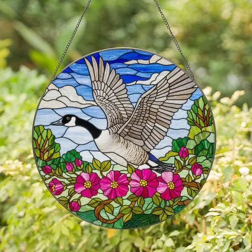 Canada Goose In Flight Tiffany Style Stained Glass Mosaic Pink Flowers Nature Landscape Art Stained Glass Suncatcher