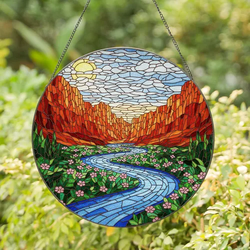 Stained Glass River Canyon Landscape - Blue Water Red Orange Walls Green Foliage Pink Flowers Stained Glass Suncatcher