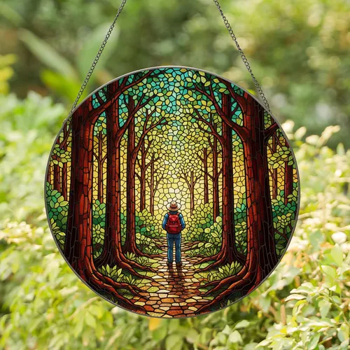 Lone Person Red Backpack Forest Path - Glowing Tiffany Stained Glass Woodland Hike Stained Glass Suncatcher