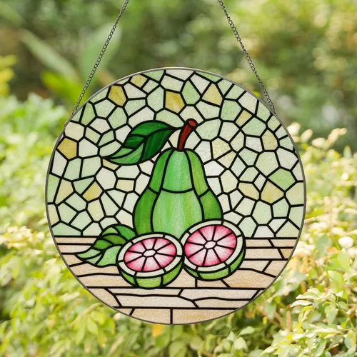 Pear & Cut Fruit Stained Glass Mosaic Art - Tiffany Style Jewel Tone Decor Display Stained Glass Suncatcher
