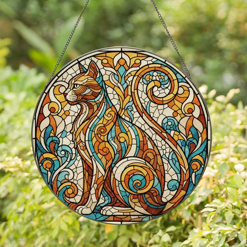 Detailed Stylized Cat Tiffany Stained Glass Art Nouveau Mosaic Jewel Tones Edge-to-Edge Stained Glass Suncatcher