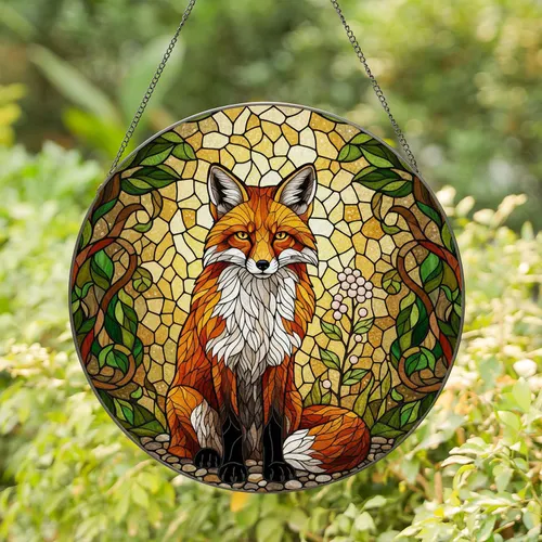 Red Fox Stained Glass Forest Foliage Art with Berries, Intricate Patterns Decor Stained Glass Suncatcher