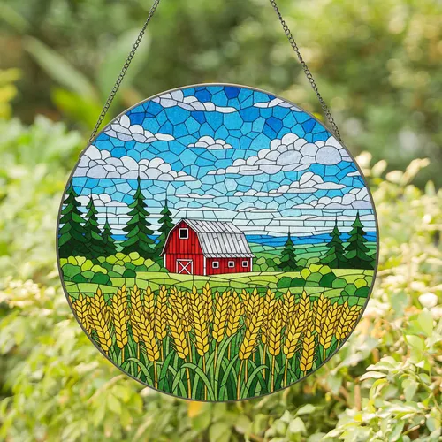 Golden Wheat Field Red Barn Stained Glass Art - Blue Sky Clouds Countryside Decor Stained Glass Suncatcher