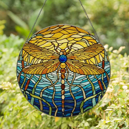 Intricate Dragonfly Stained Glass Art, Tiffany Style Jewel Tones & Organic Mosaic Design Stained Glass Suncatcher