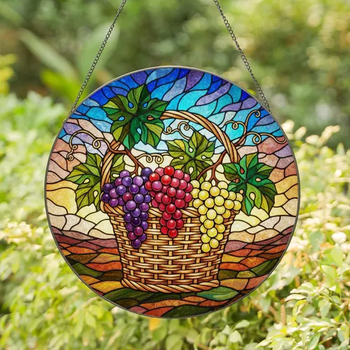 Tiffany Stained Glass Grapes Basket Grape Leaves Mosaic Sky Earth Jewel Tones Stained Glass Suncatcher