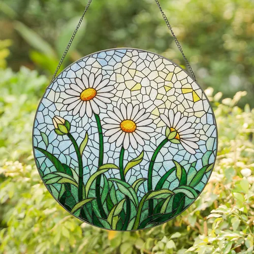 Four Daisies Stained Glass Mosaic Art Translucent Tiffany Style Flower Sky Window Decor Stained Glass Suncatcher