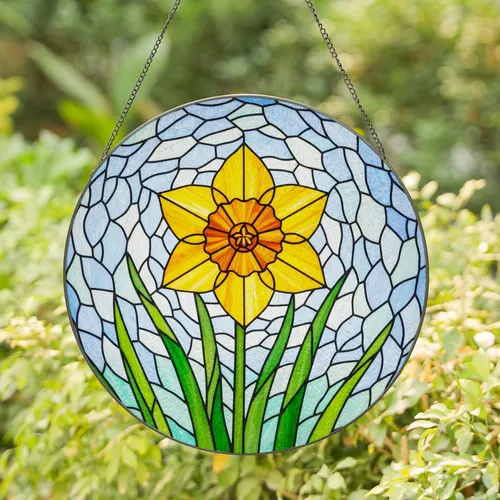 Translucent Jewel Tone Daffodil Flower Tiffany Stained Glass Mosaic Sky Window Art Stained Glass Suncatcher