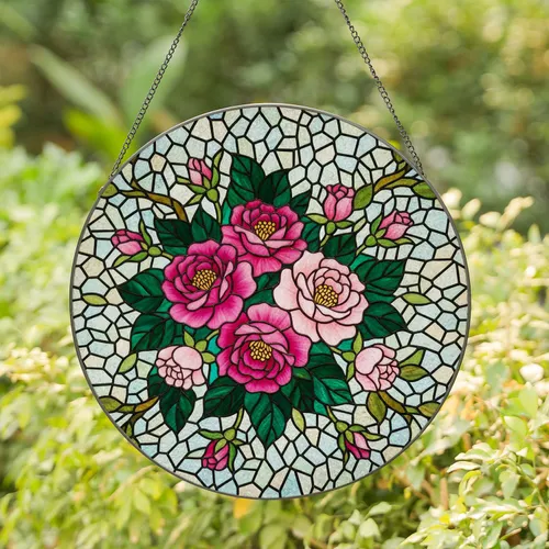 Stained Glass Pink Roses & Rosebuds - Tiffany Style Floral Mosaic Art with Leaves, Stems Stained Glass Suncatcher