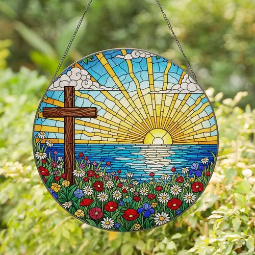 Highly Detailed Tiffany Stained Glass Wooden Cross Rising Sun Ocean Wildflowers Stained Glass Suncatcher