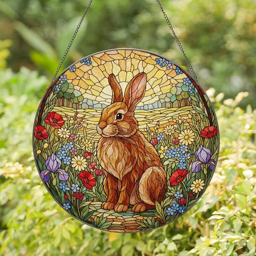 Fluffy Brown Rabbit Wildflower Garden Tiffany Glass - Intricate Stained Glass Decor Art Stained Glass Suncatcher