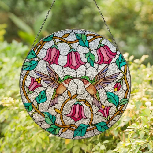 Stained Glass Hummingbirds Tiffany Style Fuchsia Flowers Emerald Foliage Mosaic Rippled Glass Stained Glass Suncatcher
