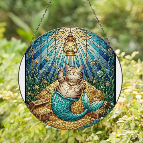 Tiffany Style Mer-cat Tabby Cat Underwater Treasure - Deep Sea Stained Glass Art Stained Glass Suncatcher