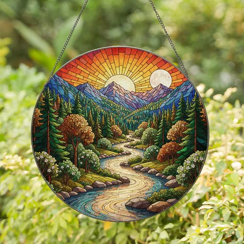Tiffany Style Stained Glass River Valley Mountain Sunset Moon Lush Tree Decor Stained Glass Suncatcher
