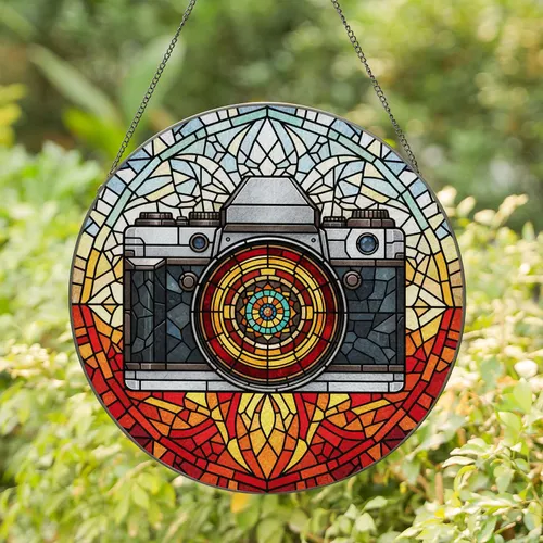 Vintage DSLR Camera Stained Glass Art Geometric Mosaic - Colorful Jewel Tone Iris Lens Stained Glass Suncatcher