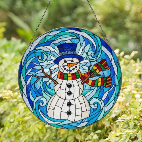 Snowman Tiffany Style Blue Teal Ice Snow Winter - Christmas Holiday Home Decor Stained Glass Suncatcher