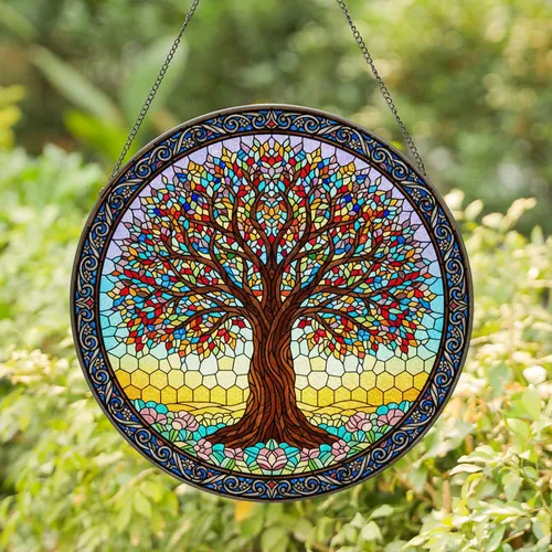 Majestic Tree of Life Stained Glass Multicolored Leaves Filigree Frame Tiffany Jewel Tones Stained Glass Suncatcher