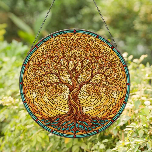 Stained Glass Tree of Life - Tiffany Style Autumnal Leaves Floral Border Home Decor Art Stained Glass Suncatcher