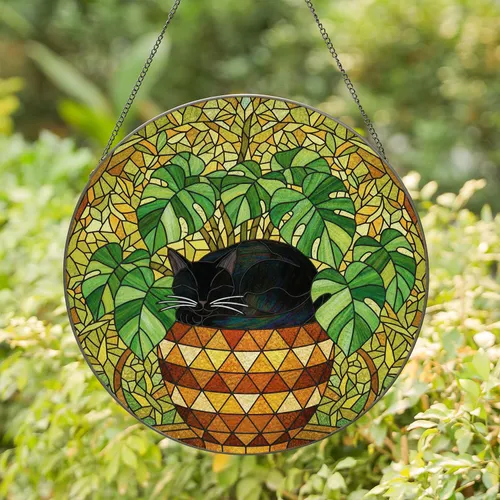 Sleeping Black Cat Plant Pot Stained Glass Mosaic Art - Philodendron Leaves Cat Lover Gift Stained Glass Suncatcher