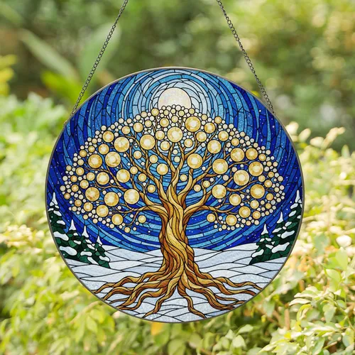 Gnarled Tree of Life Full Moon Night Sky Snowy Winter Stained Glass Landscape Stained Glass Suncatcher
