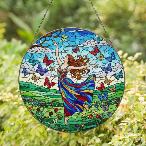 Female Dancer Butterfly Mid-Leap Stained Glass Jewel Tone Mosaic Landscape Intricate Stained Glass Suncatcher