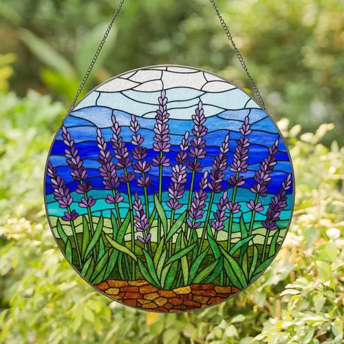Tiffany Stained Glass Lavender Flowers, Green Stalks & Sky Mosaic - Intricate Jewel Tones Art Stained Glass Suncatcher