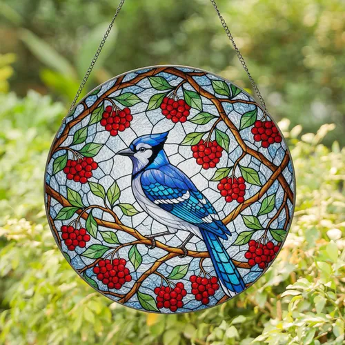 Vibrant Blue Jay Tiffany Style Stained Glass - Berry Branch Mosaic Jewel Tone Art Stained Glass Suncatcher