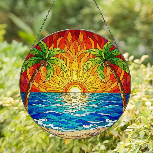 Colorful Jewel Tone Tiffany Stained Glass Ocean Sunset Palm Trees Beach Window Decor Stained Glass Suncatcher