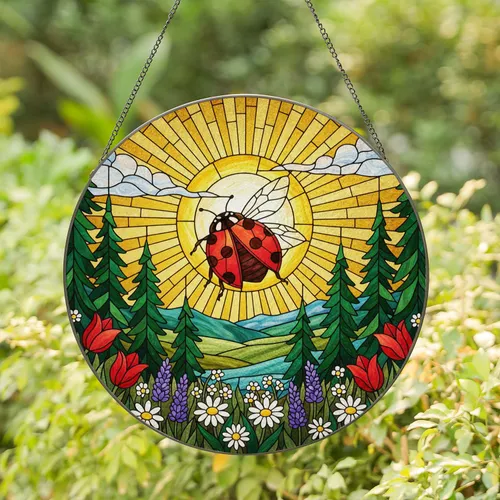 Ladybug Stained Glass Wildflowers Evergreen Trees Sun Rays Tiffany Window Decor Gift Stained Glass Suncatcher