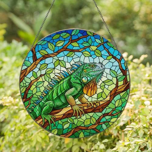 Detailed Tiffany Style Green Orange Iguana Stained Glass - Tree Branch Reptile Art Stained Glass Suncatcher