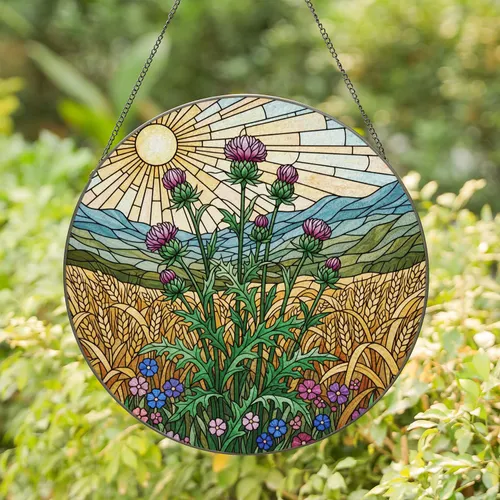Scottish Thistle Wheat Fields Mountain Tiffany Stained Glass Rural Landscape Art Stained Glass Suncatcher