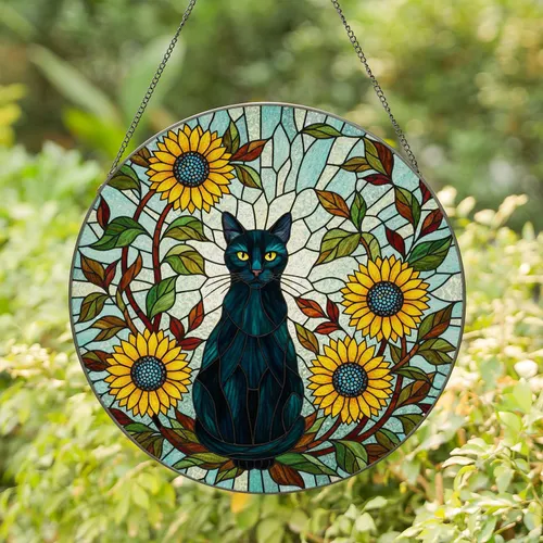Black Cat Sunflower Tiffany Style Stained Glass Art - Glowing Home Decor Stained Glass Suncatcher