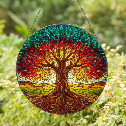 Tree of Life Tiffany Stained Glass Intricate Mosaic Landscape - Gnarled Trunk Jewel Tones Stained Glass Suncatcher