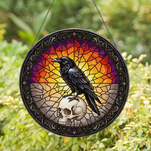 Black Raven Skull Stained Glass Gothic Filigree Jewel Tones Fiery Sunset Mosaic Stained Glass Suncatcher