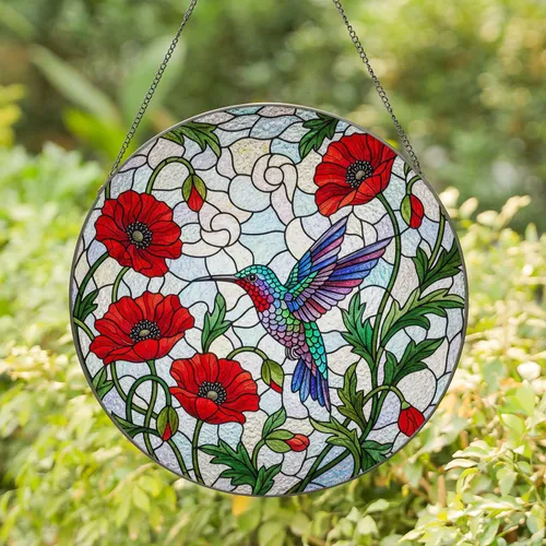 Iridescent Hummingbird Red Poppy Stained Glass Art - Tiffany Style Mosaic Jewel Tones Stained Glass Suncatcher