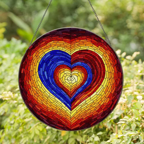 Intricate Stained Glass Heart Spiral Mosaic Tiffany-Style Jewel Tone Gradient Stained Glass Suncatcher